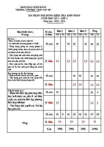 Đề kiểm tra định kì cuối học kì I môn Toán 3 - Trường TH Trần Văn Ơn - Năm học 2023-2024 (Đề 2 - Ma trận + Đáp án)