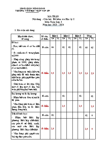 Đề kiểm tra định kì cuối học kì I môn Toán 3 - Trường TH Trần Văn Ơn - Năm học 2023-2024 (Đề 1 - Ma trận + Đáp án)