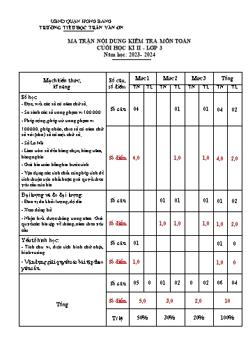 Đề kiểm tra định kì cuối học kì II môn Toán 3 - Trường TH Trần Văn Ơn - Năm học 2023-2024 (Đề 3 - Ma trận + Đáp án)