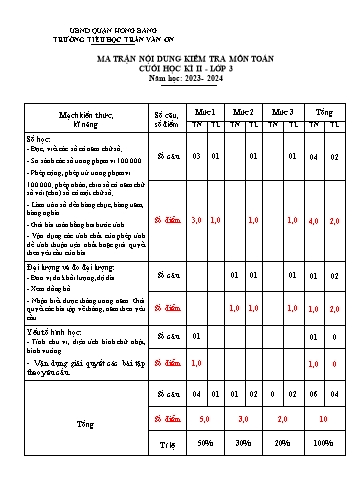 Đề kiểm tra định kì cuối học kì II môn Toán 3 - Trường TH Trần Văn Ơn - Năm học 2023-2024 (Đề 4 - Ma trận + Đáp án)