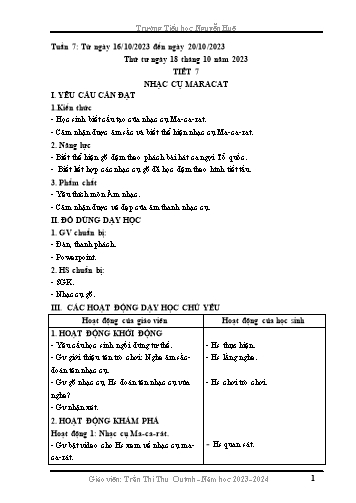 Kế hoạch bài dạy Âm Nhạc 3 - Tuần 7, Tiết 7: Nhạc cụ Maracat (Trần Thị Thu Quỳnh) Năm học 2023-2024