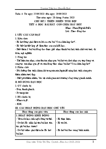 Kế hoạch bài dạy Âm Nhạc 5 - Tuần 4, Chủ đề 2: Thiên nhiên tươi đẹp - Tiết 4: Học bài hát: Con chim hay hót (Trần Thị Thu Quỳnh) Năm học 2023-2024