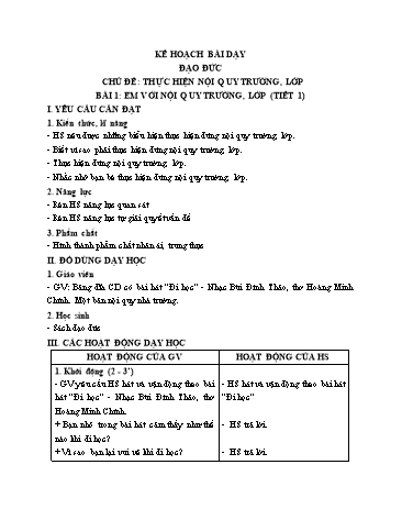 Kế hoạch bài dạy Đạo Đức 1 - Chủ đề: Thực hiện nội quy trường lớp - Bài 1: Em với nội quy trường lớp (Tiết 1)