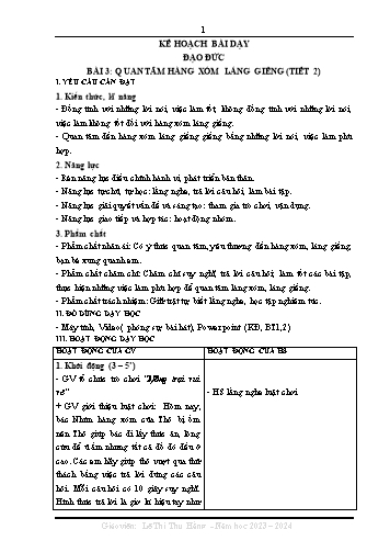 Kế hoạch bài dạy Đạo Đức 3 - Tuần 7, Bài 3: Quan tâm hàng xóm láng giềng (Tiết 2)(Lê Thị Thu Hằng) Năm học 2023-2024