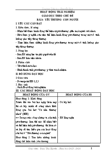 Kế hoạch bài dạy HĐTN 1 - Bài 4: Yêu thương con người (Đàm Thu Huyền)(Năm học 2023-2024)