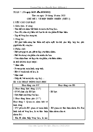 Kế hoạch bài dạy Mĩ Thuật 1 - Tuần 7, Chủ đề 2: Vẻ đẹp thiên nhiên (Tiết 2)(Lương Thị My) Năm học 2023-2024