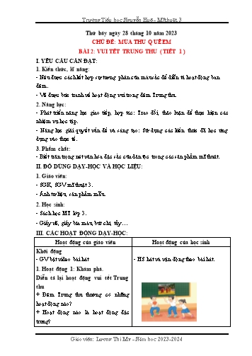 Kế hoạch bài dạy Mĩ Thuật 3 - Chủ đề: Mùa thu quê em - Bài 2: Vui Tết Trung thu (Tiết 1)(Lương Thị My) Năm học 2023-2024