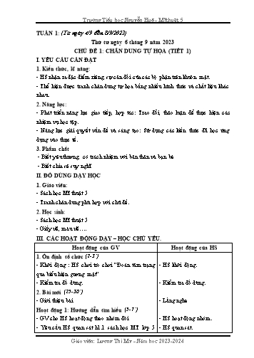 Kế hoạch bài dạy Mĩ Thuật 5 - Tuần 1, Chủ đề 1: Chân dung tự họa (Tiết 1)(Lương Thị My) Năm học 2023-2024