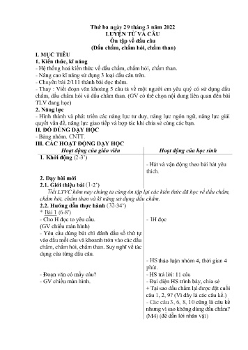 Kế hoạch bài dạy môn Tiếng Việt 5 - Luyện từ và câu: Ôn tập về dấu câu: Dấu chấm, chấm hỏi, chấm than