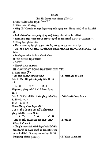 Kế hoạch bài dạy môn Toán 1 - Bài 33: Luyện tập chung (Tiết 1)