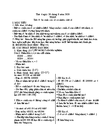 Kế hoạch bài dạy môn Toán 4 - Tiết 9: So sánh các số có nhiều chữ số