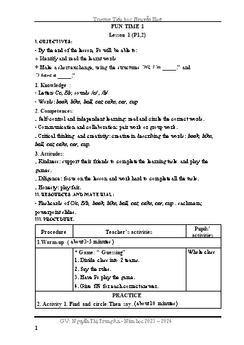 Kế hoạch bài dạy Tiếng Anh 1 - FUN TIME 1 - Lesson 1 (Period 1+2)(Nguyễn Thị Trung An) Năm học 2023-2024