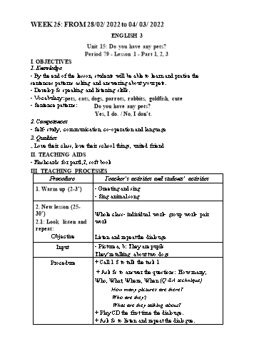 Kế hoạch bài dạy Tiếng Anh 3 - Tuần 25, Unit 15: Do you have any pets? Period 79 - Lesson 1 - Part 1, 2, 3 (Đoàn Thanh Hải)