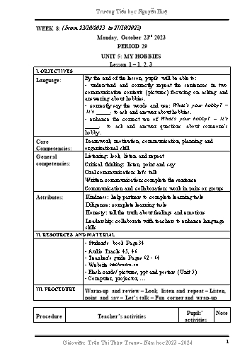 Kế hoạch bài dạy Tiếng Anh 3 - Tuần 8, Unit 5: My Hobbies - Lesson 1 (Trần Thị Thùy Trang) Năm học 2023-2024