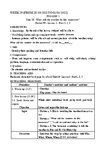 Kế hoạch bài dạy Tiếng Anh 5 - Tuần 29 đến Tuần 35