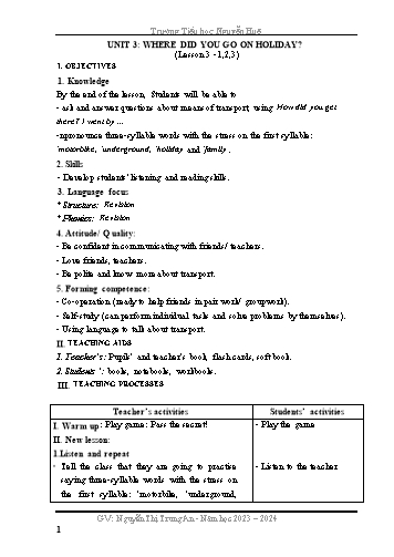 Kế hoạch bài dạy Tiếng Anh 5 - Unit 3: Where did you go on holiday? - Lesson 3 (Nguyễn Thị Trung An) Năm học 2023-2024