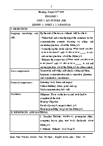 Kế hoạch bài dạy Tiếng Anh 5 - Unit 5: My future job - Lesson 1 (Part 1,2,3)(Trần Thị Ngọc)