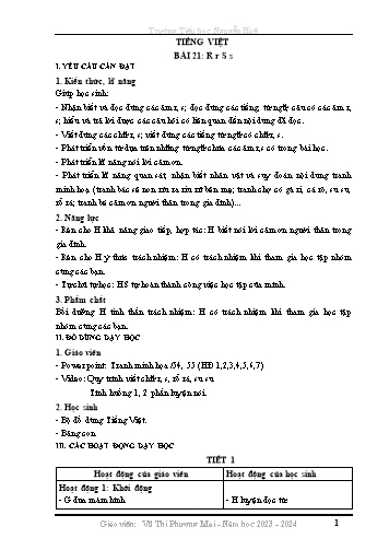 Kế hoạch bài dạy Tiếng Việt 1 - Bài 21: R r S s (Vũ Thị Phương Mai) Năm học 2023-2024