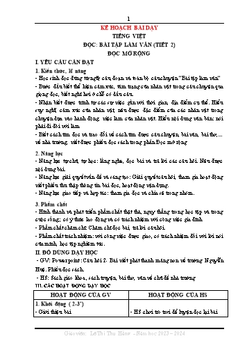 Kế hoạch bài dạy Tiếng Việt 3 - Tuần 6, Đọc: Bài tập làm văn (Tiết 2) - Đọc mở rộng (Lê Thị Thu Hằng) Năm học 2023-2024