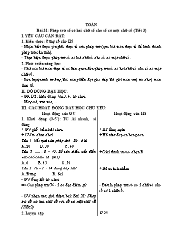 Kế hoạch bài dạy Toán 1 - Bài 31: Phép trừ số có hai chữ số cho số có một chữ số (Tiết 3)