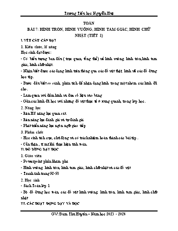 Kế hoạch bài dạy Toán 1 - Bài 7: Hình tròn. Hình vuông. Hình tam giác. Hình chữ nhật (Tiết 1)(Đàm Thu Huyền) Năm học 2023-2024